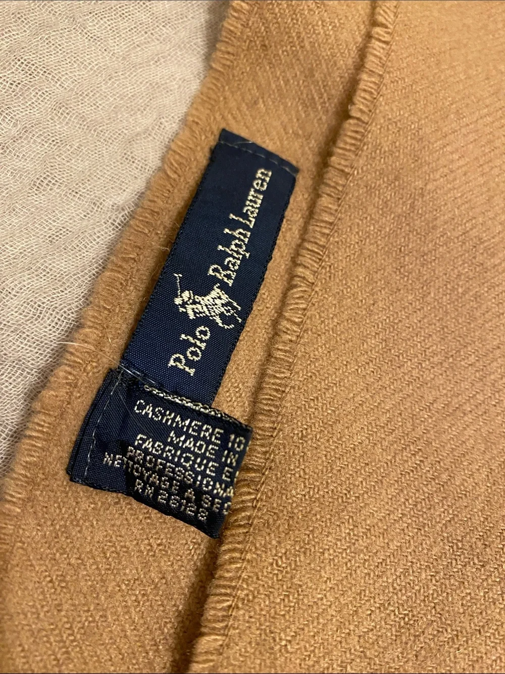 Polo by Ralph Lauren Cashmere Tan Fringed Wool Scarf with Embroidered Crest